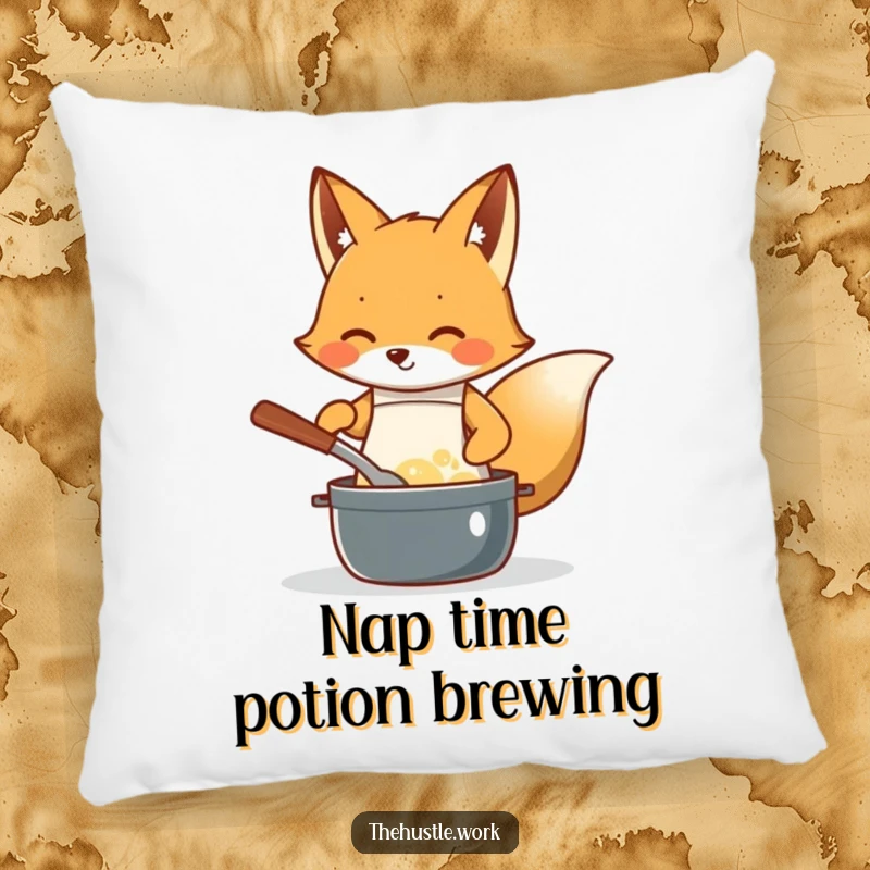 Funny Fox Chef Pillow: Diligent fox in an apron, enthusiastically stirring a bubbling pot, soft and humorous home decor.