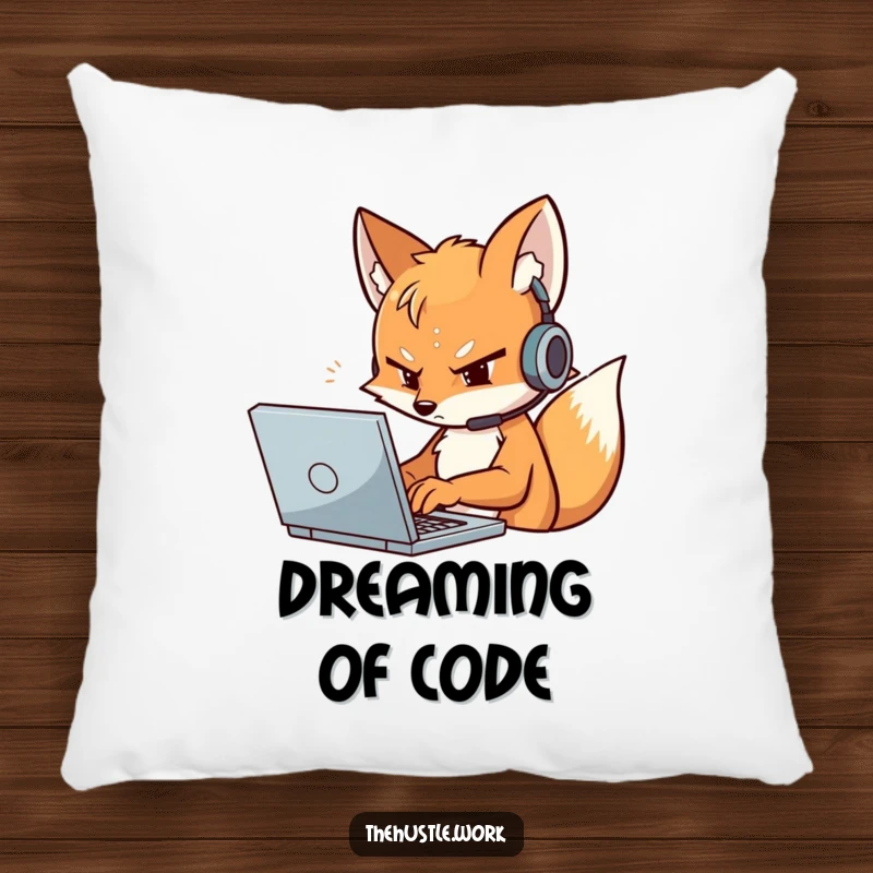 Funny Fox Pillow featuring a determined character with a headset, typing furiously on a laptop, perfect for cozy tech lovers.