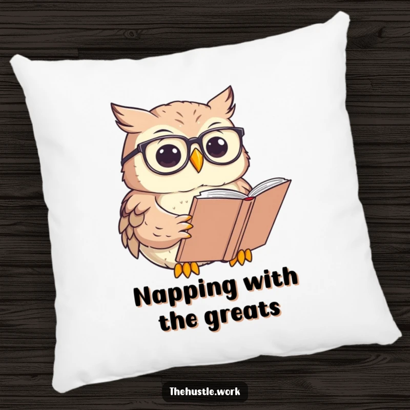 Funny Owl Pillow featuring a character with round glasses, focused on reading a large book, perfect for cozy reading.