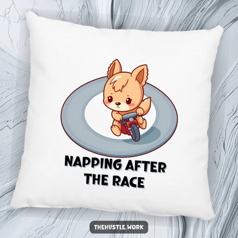 Funny pillow featuring a playful animal character focused on a winding track, offering humorous comfort and a sense of victory.