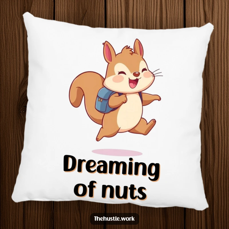 Funny squirrel wearing a backpack, leaping joyfully mid-air, depicted on a soft decorative pillow.