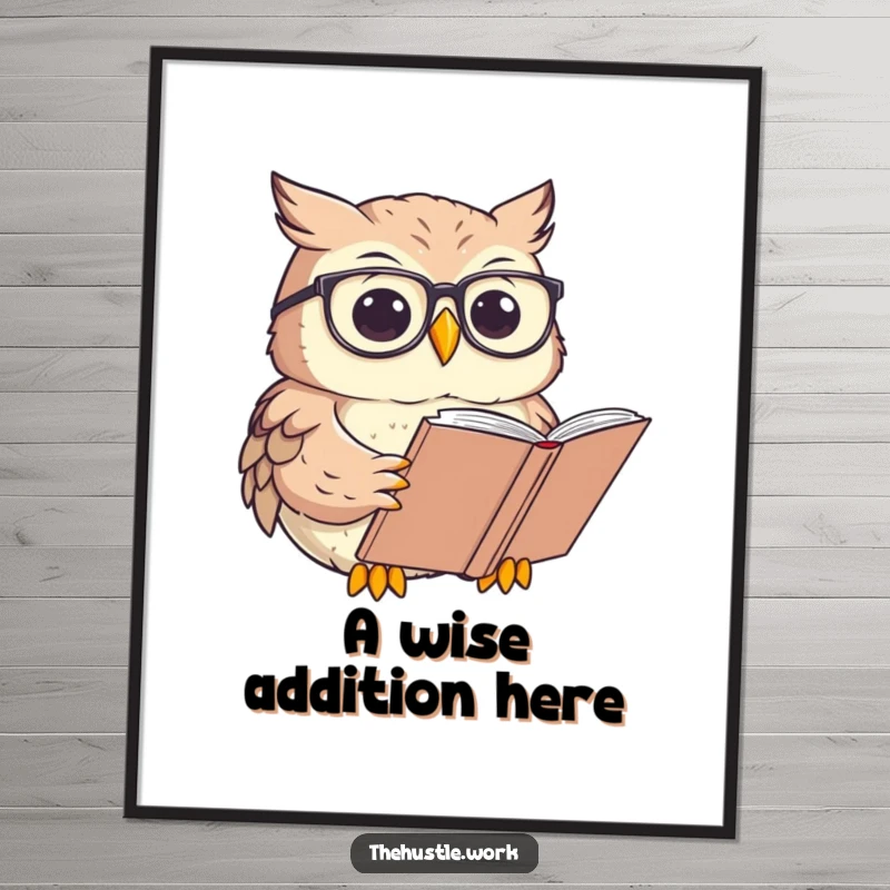 Funny Owl Digital Art Print of a character with round glasses, focused on reading a large book, ready for framing.