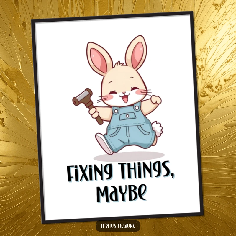 Funny rabbit wearing overalls, happily tumbling forward with a tool, presented as whimsical digital DIY artwork.