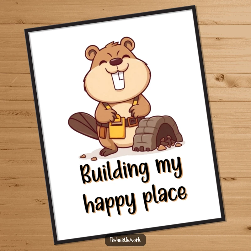 Funny Beaver Digital Art Print of a busy builder with a tool belt, smiling while constructing a miniature dam, ready for framing.