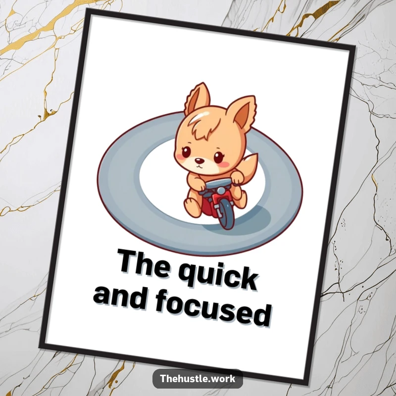 Funny digital art print of a playful animal character focused intently on a winding race track, embodying humorous speed and concentration.