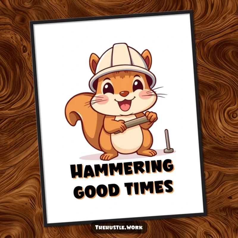 Funny digital art: A cheerful squirrel wearing a hard hat enthusiastically hammers a small nail, a humorous and inspiring piece.