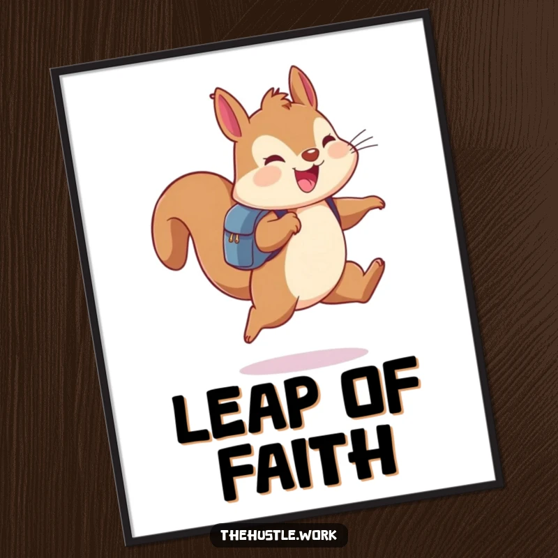 Funny cheerful squirrel wearing a backpack, leaping joyfully, presented as whimsical digital artwork.
