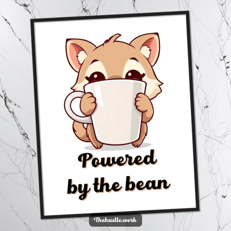 Funny digital art print of an animal character with wide, energetic eyes, holding a large coffee cup, radiating humorous caffeine power.