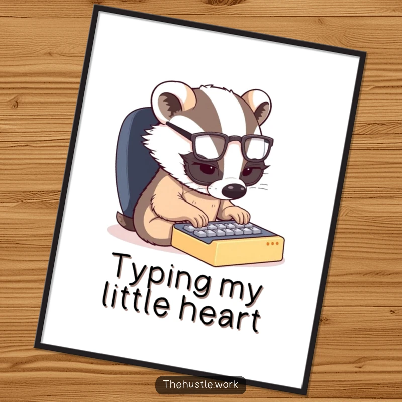 Funny digital art: A determined badger wearing glasses furiously types on a tiny keyboard, a humorous and motivational piece.