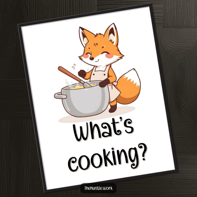 Funny fox wearing an apron, energetically stirring a large pot, presented as whimsical digital kitchen artwork.