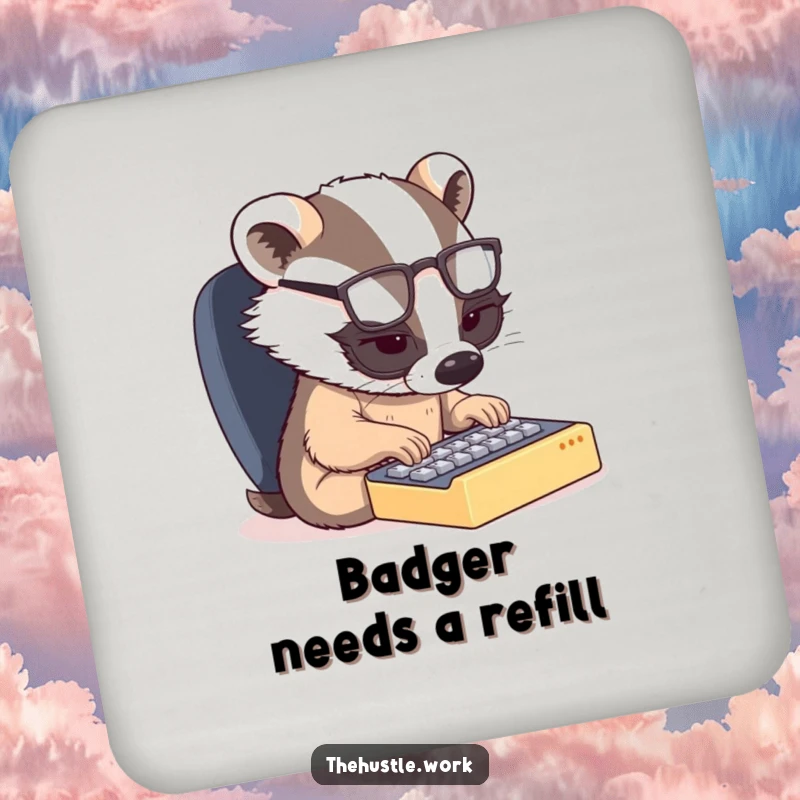Funny drink coaster: A determined badger with spectacles types on a mini keyboard, a humorous accessory for focused hydration.