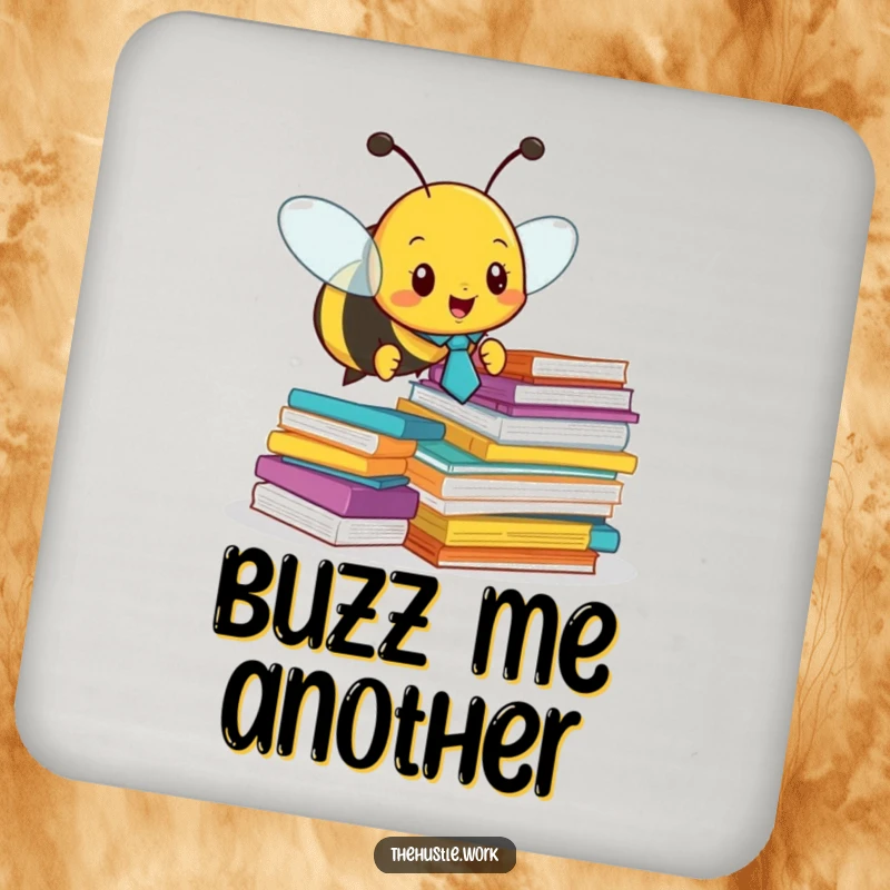 Funny drink coaster: A busy bee wearing a tie buzzes around paper, a humorous accessory for a professional workspace.