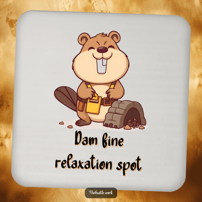 Funny Beaver Coaster depicting a busy builder with a tool belt, smiling while constructing a miniature dam, protecting surfaces.