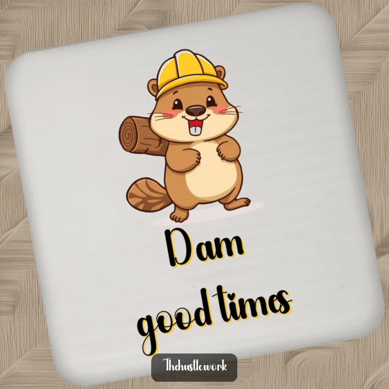 Funny beaver wearing a hard hat, enthusiastically carrying a log, printed on a protective drink coaster.