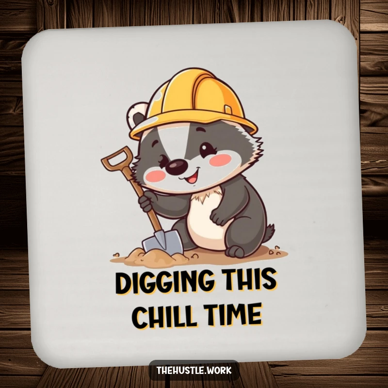 Funny Badger Coaster depicting a cheerful digger in a hard hat, ready to protect surfaces with enthusiasm.