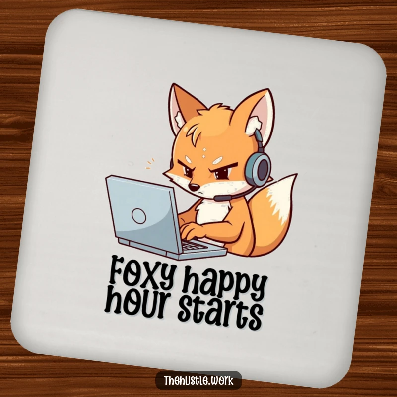 Funny Fox Coaster depicting a determined character in a headset, typing furiously on a laptop, protecting surfaces.