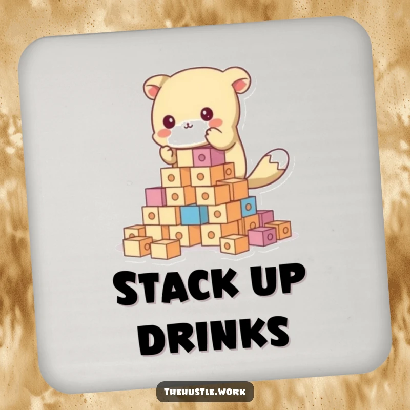 Funny animal character building a tower of blocks on a humorous drink coaster.