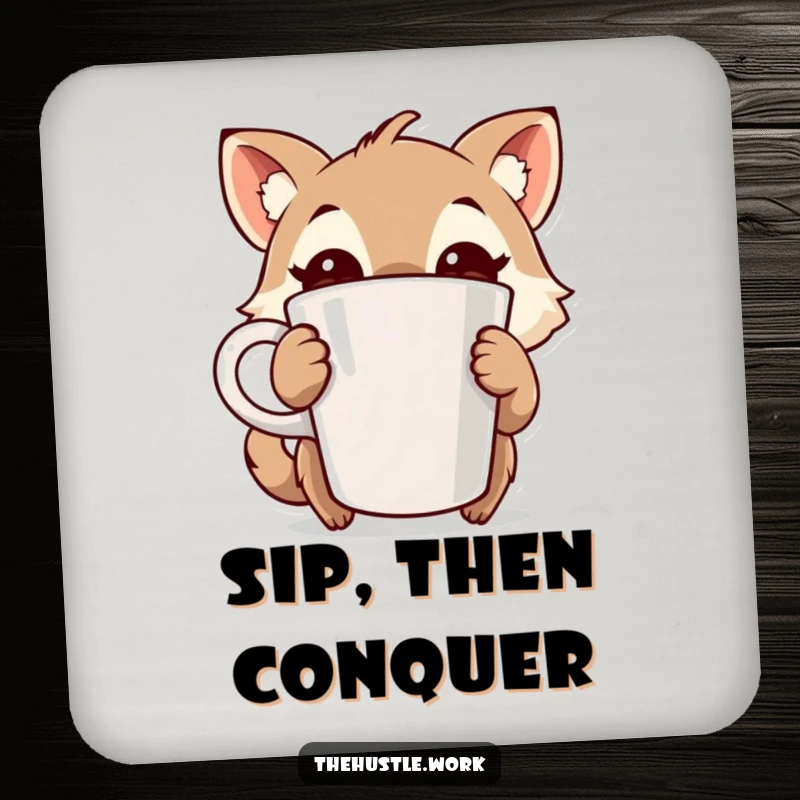 Funny drink coaster featuring a wide-eyed animal character gripping a large coffee cup, offering humorous protection and energy.