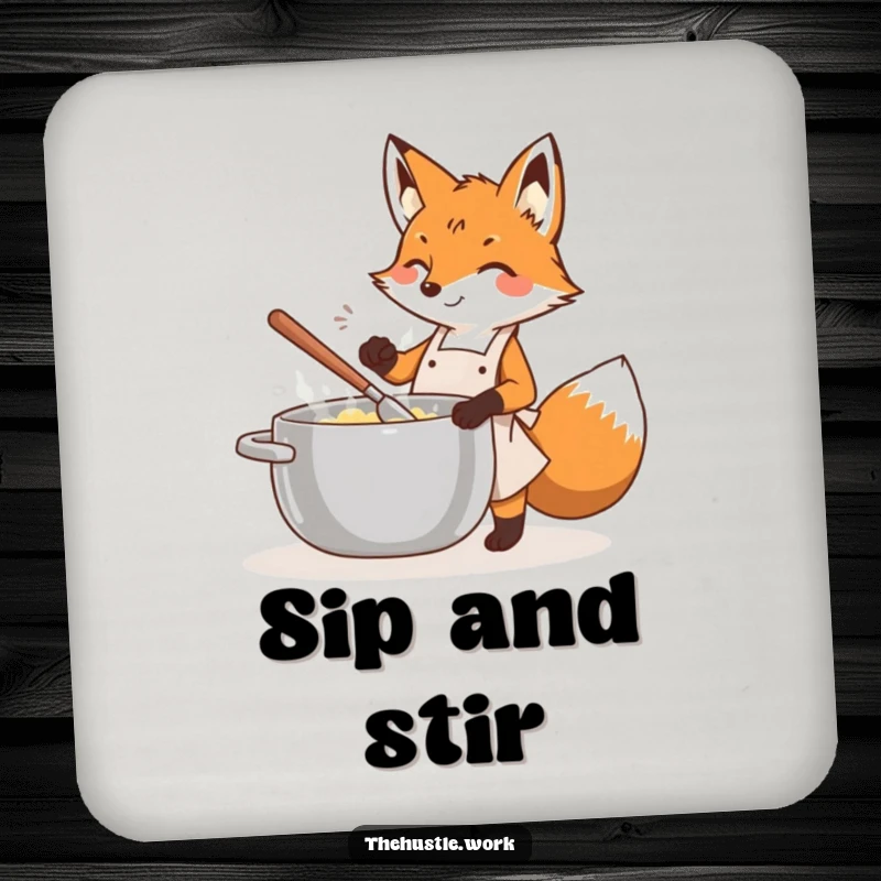 Funny fox wearing an apron, energetically stirring a large pot, printed on a protective drink coaster.