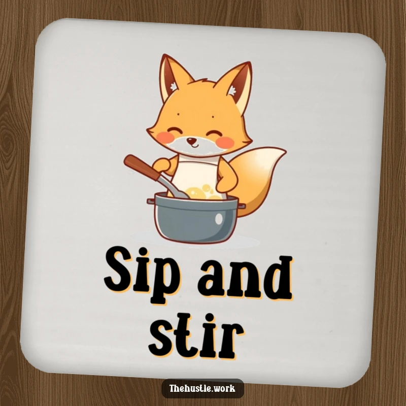 Funny Fox Chef Drink Coaster: Diligent fox in an apron, enthusiastically stirring a bubbling pot, protecting surfaces humorously.