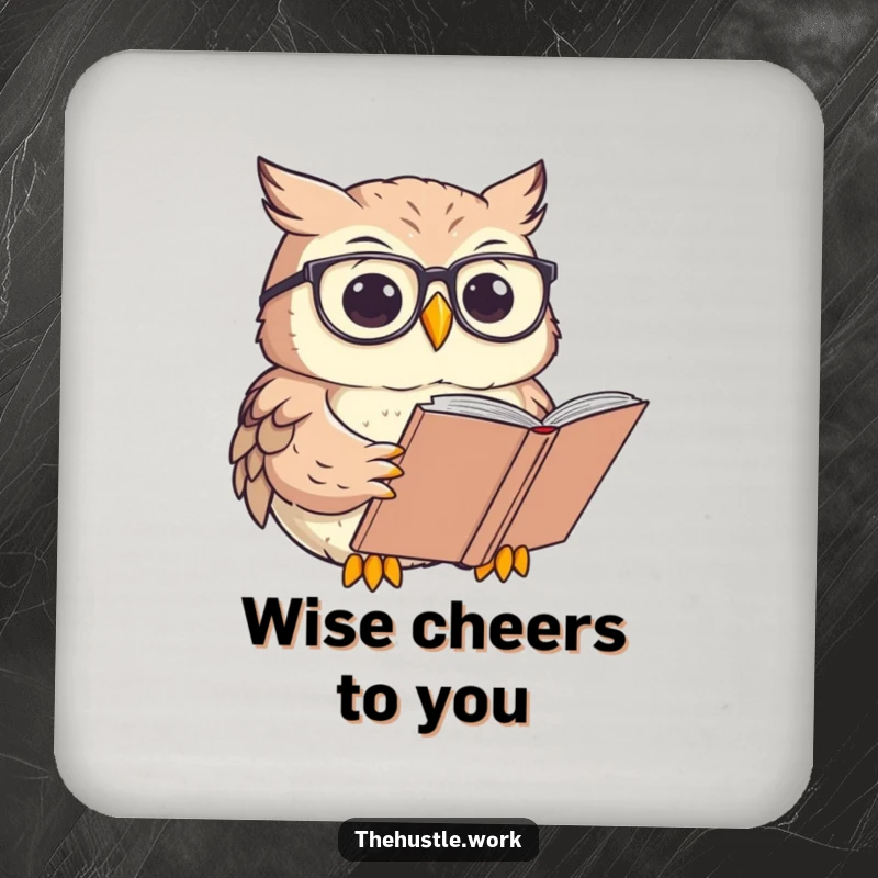 Funny Owl Coaster depicting a character with round glasses, focused on reading a large book, protecting surfaces.