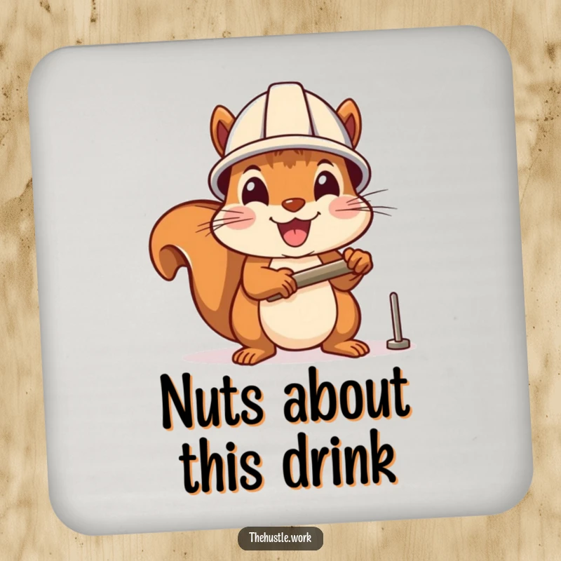 Funny drink coaster: A cheerful squirrel with a hard hat enthusiastically hammers a nail, a humorous accessory for DIY lovers.