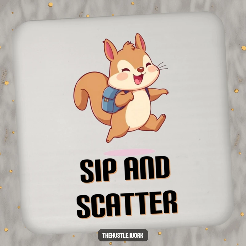 Funny squirrel wearing a small backpack, leaping joyfully mid-air, printed on a protective drink coaster.
