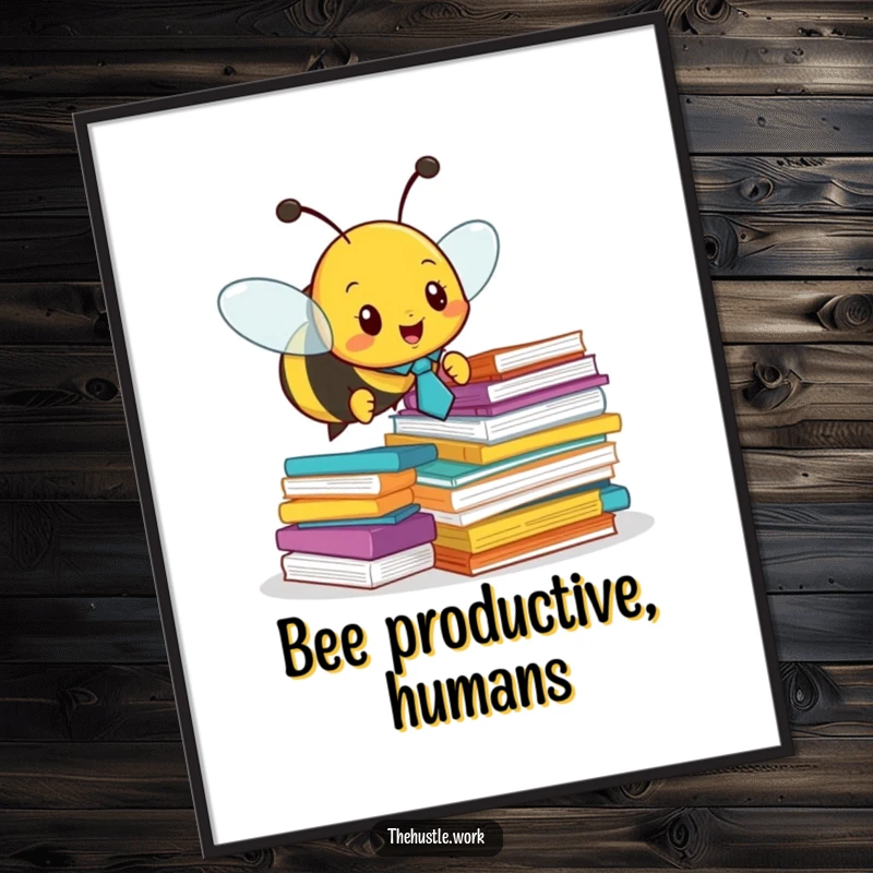 Funny poster: A busy bee in a tiny tie buzzes around colorful papers, a humorous and motivational office scene.