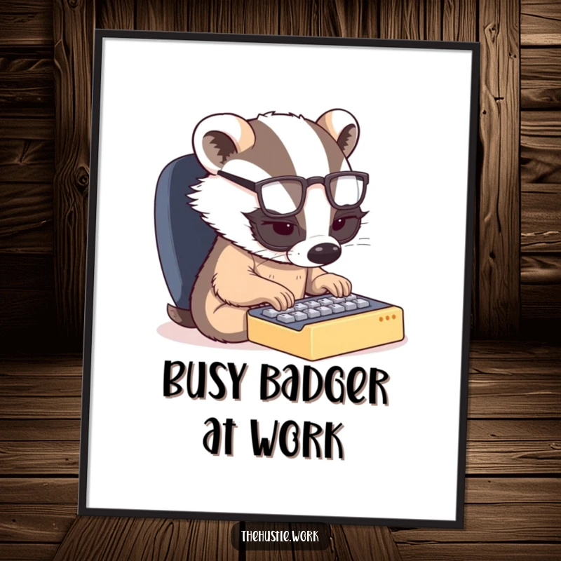Funny poster: A small badger with spectacles types furiously on a tiny keyboard, a humorous and inspiring piece of art.