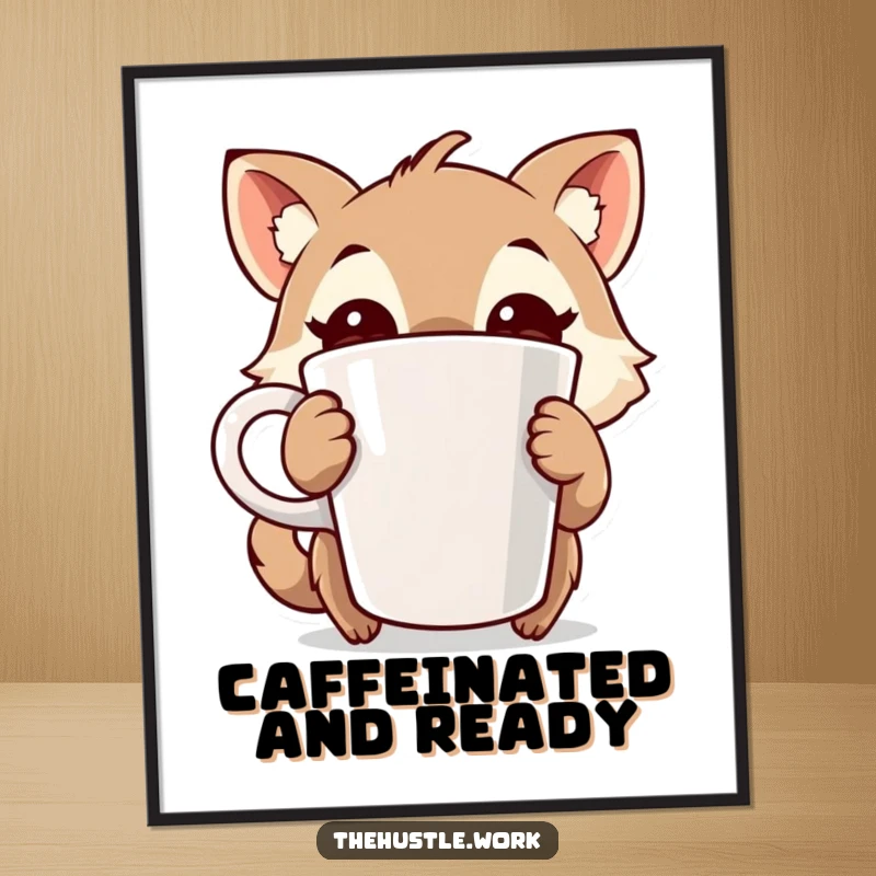 Funny poster of an animal character with intensely wide eyes, holding a large coffee cup, radiating humorous, caffeine-fueled excitement.
