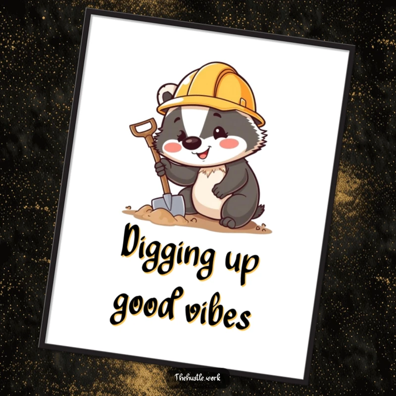 Funny Badger Poster of a cheerful digger wearing a tiny hard hat, enthusiastically excavating with a small shovel.