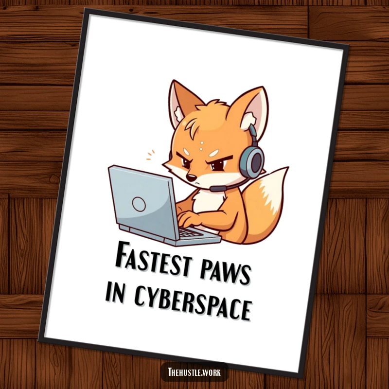 Funny Fox Poster of a determined character in a headset, typing furiously on a laptop, digital art for enthusiasts.