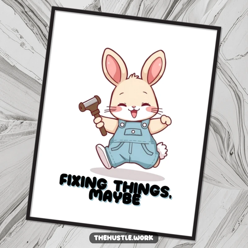Funny rabbit wearing overalls, happily tumbling forward with a tool, displayed as whimsical DIY wall art poster.