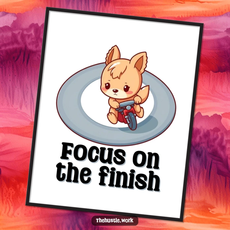 Funny poster print of a playful animal character focused intently on a winding race track, capturing humorous speed and determination.