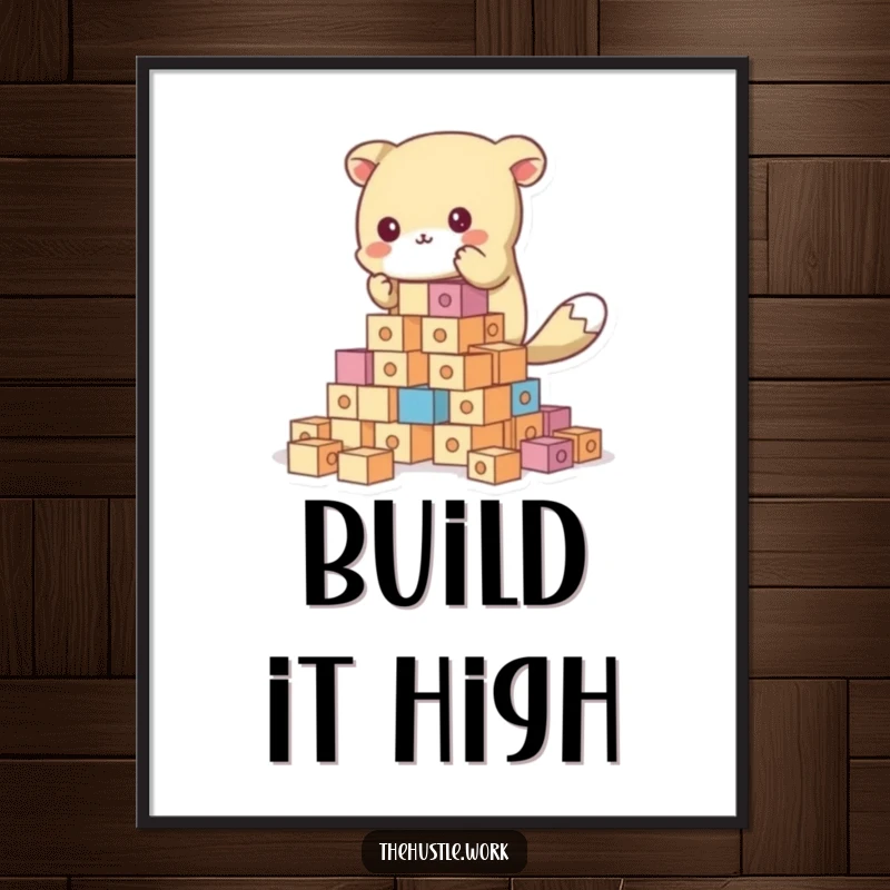 Funny animal character enthusiastically constructing a towering structure with colorful blocks, on a humorous poster.