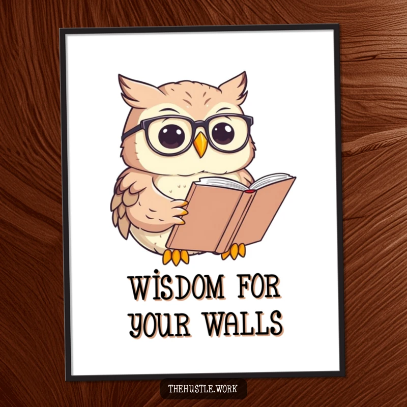Funny Owl Poster of a character with round glasses, intently reading a large book, wisdom and humor combined.