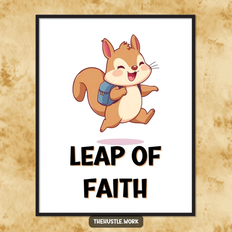 Funny cheerful squirrel wearing a backpack, leaping joyfully, displayed as whimsical wall art poster.