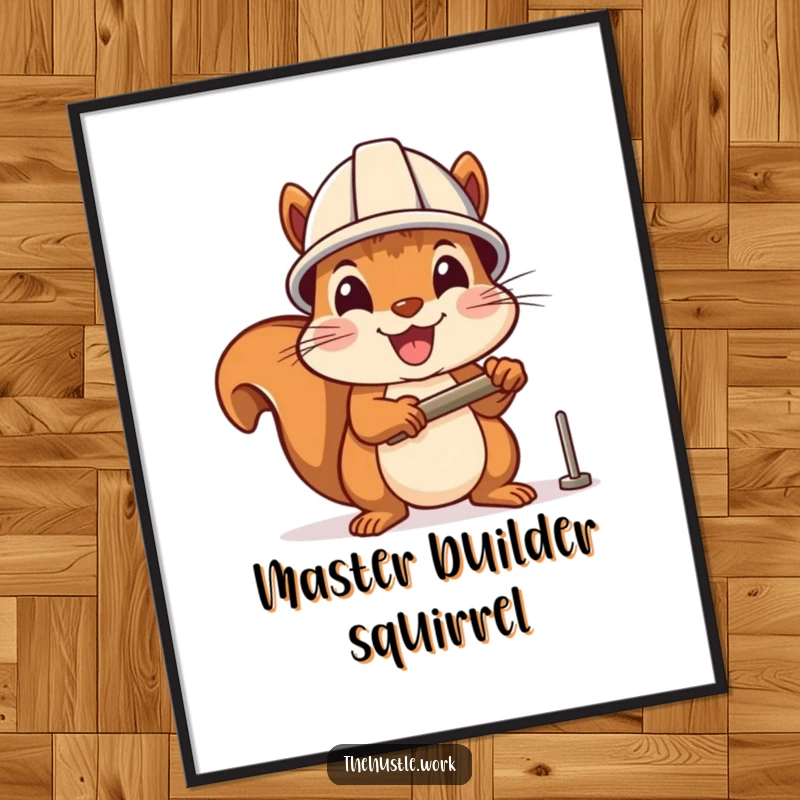 Funny poster: A cheerful squirrel in a hard hat enthusiastically hammers a small nail, a humorous and motivating piece.