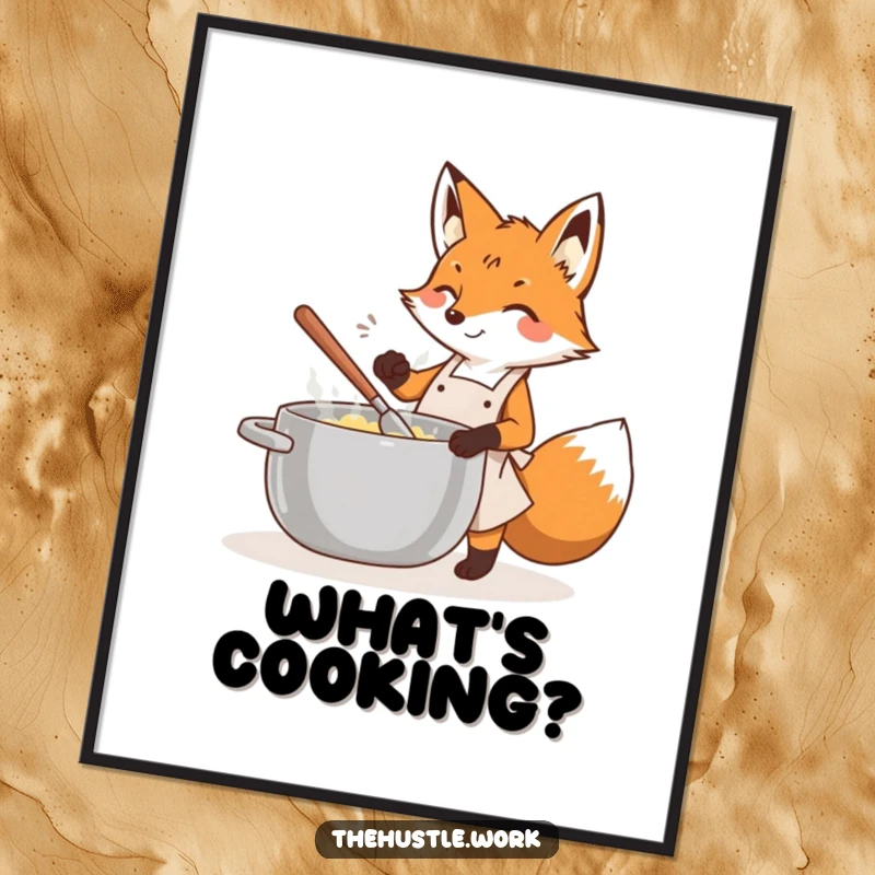 Funny fox wearing an apron, energetically stirring a large pot, displayed as whimsical kitchen wall art poster.