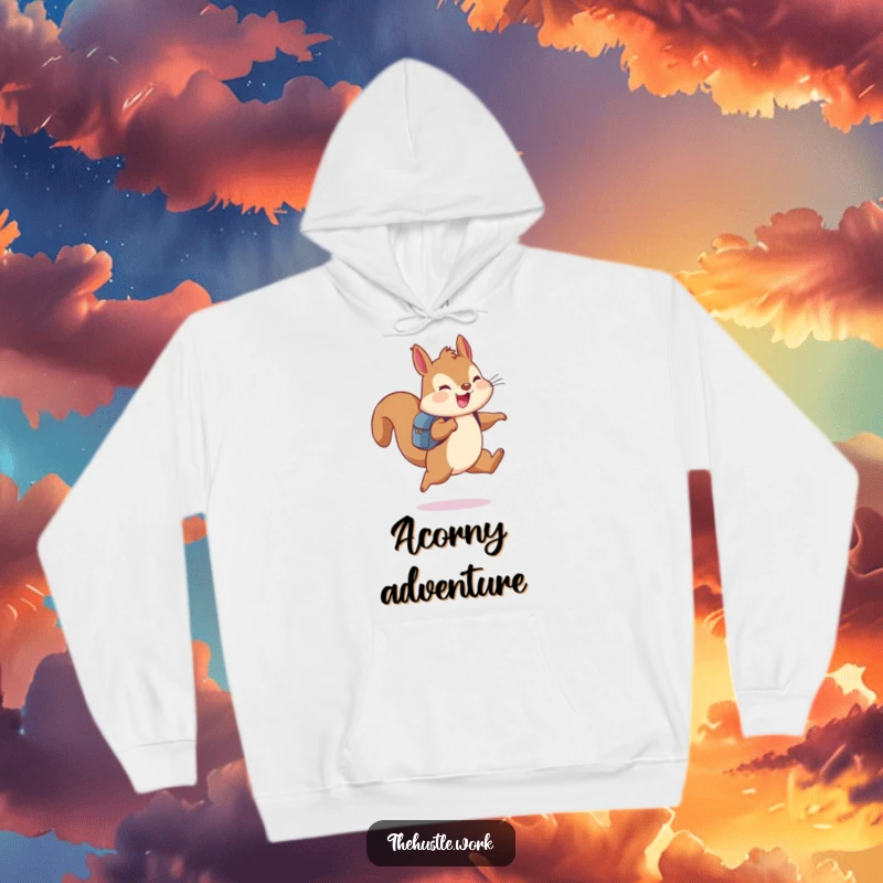 Funny squirrel wearing a backpack, leaping joyfully, printed on a soft, warm hoodie.