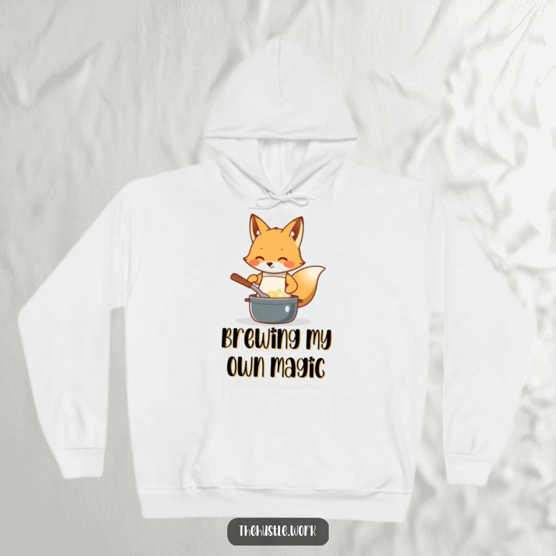 Funny Fox Chef Hoodie: Diligent fox wearing an apron, enthusiastically stirring a bubbling pot, showcasing playful kitchen antics.