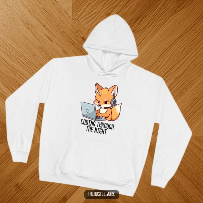 Funny Fox Hoodie featuring a determined character in a headset, typing intensely on a laptop, perfect for tech enthusiasts.