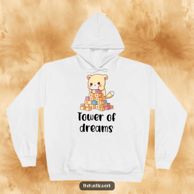 Funny animal character enthusiastically building a tall tower of blocks, on a comfortable hoodie.