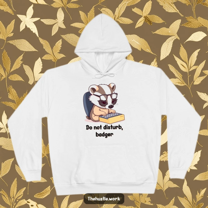 Funny hoodie: A small badger with spectacles is intensely typing on a tiny keyboard, a comical image of dedication.