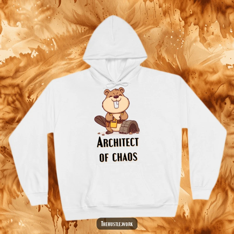 Funny Beaver Hoodie featuring a busy builder with a tool belt, smiling while constructing a miniature dam, great for cozy humor.