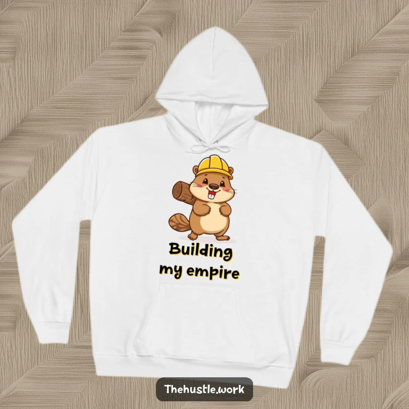 Funny beaver wearing a hard hat and carrying a log, printed on a soft, warm hoodie.