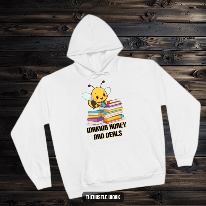 Funny hoodie: A bee wearing a tie buzzes around stacks of paper, a humorous image of busy office life.