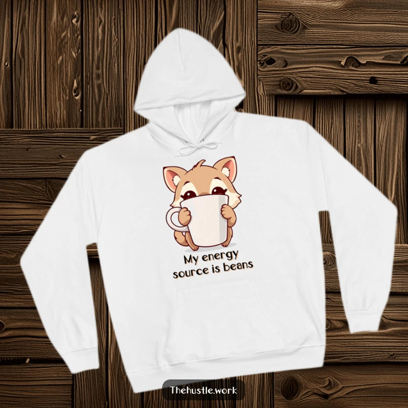 Funny hoodie featuring an animal character with wide, excited eyes, holding a big coffee cup, embodying humorous morning madness.