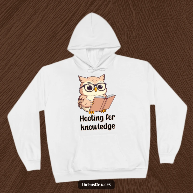 Funny Owl Hoodie featuring a character with round glasses, focused on reading a large book, perfect for cozy reading.