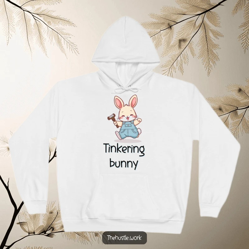 Funny rabbit wearing overalls, happily tumbling forward with a tool, printed on a soft, warm hoodie.